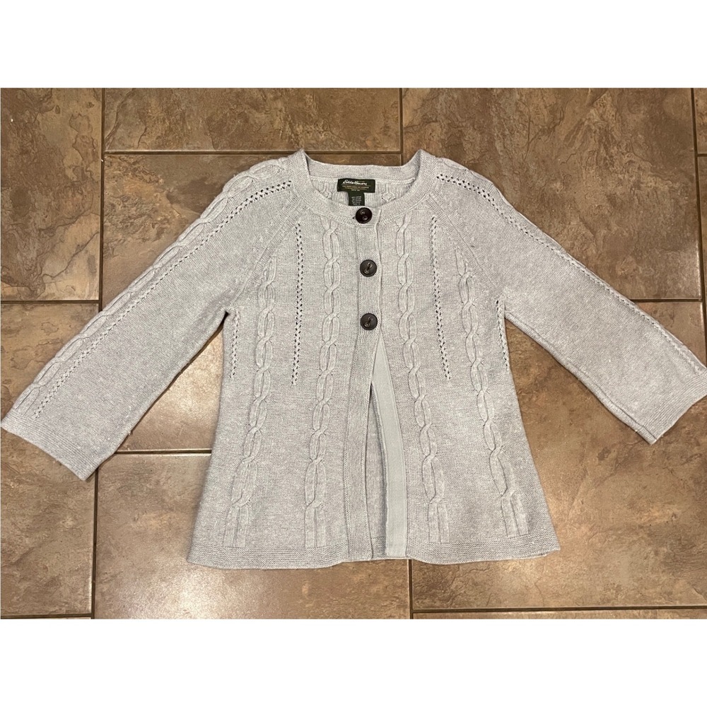 Eddie Bauer Womens Gray Cable Knit Button Front Cardigan Sweater Wool Blend